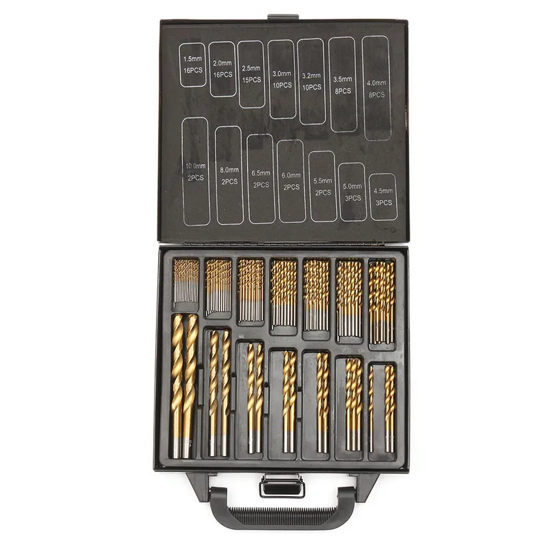 Milda Iron Box packing 99PCS HSS Twist Drill Bits Set 1.5-10mm Titanium Coated Surface 118 Degree For Drilling woodworking