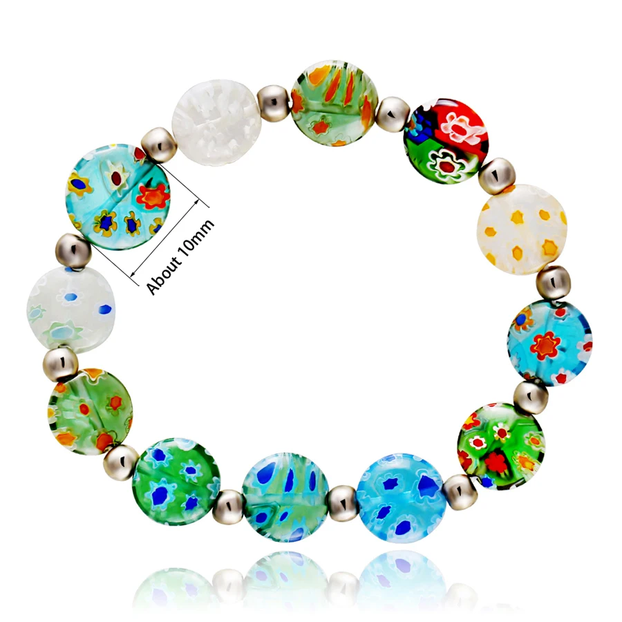 10mm Round Beads Glass Millefiori Flower Lampwork Beads Elastic Bracelet Women Trendy Beaded Strand Bracelets Gift for Women