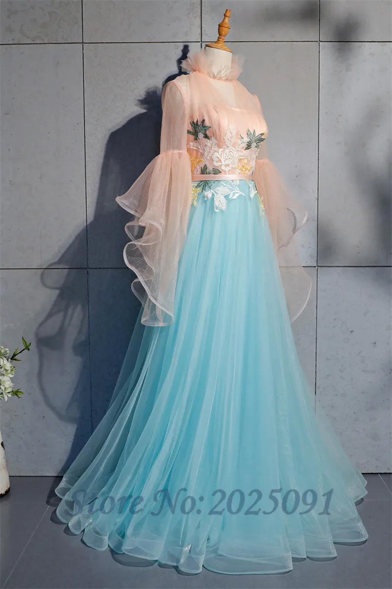 Altura do pescoço manga longa aqua quinceanera vestidos 2019 tule vestidos de 15 anos vestidos de baile longo vestidos de baile g089