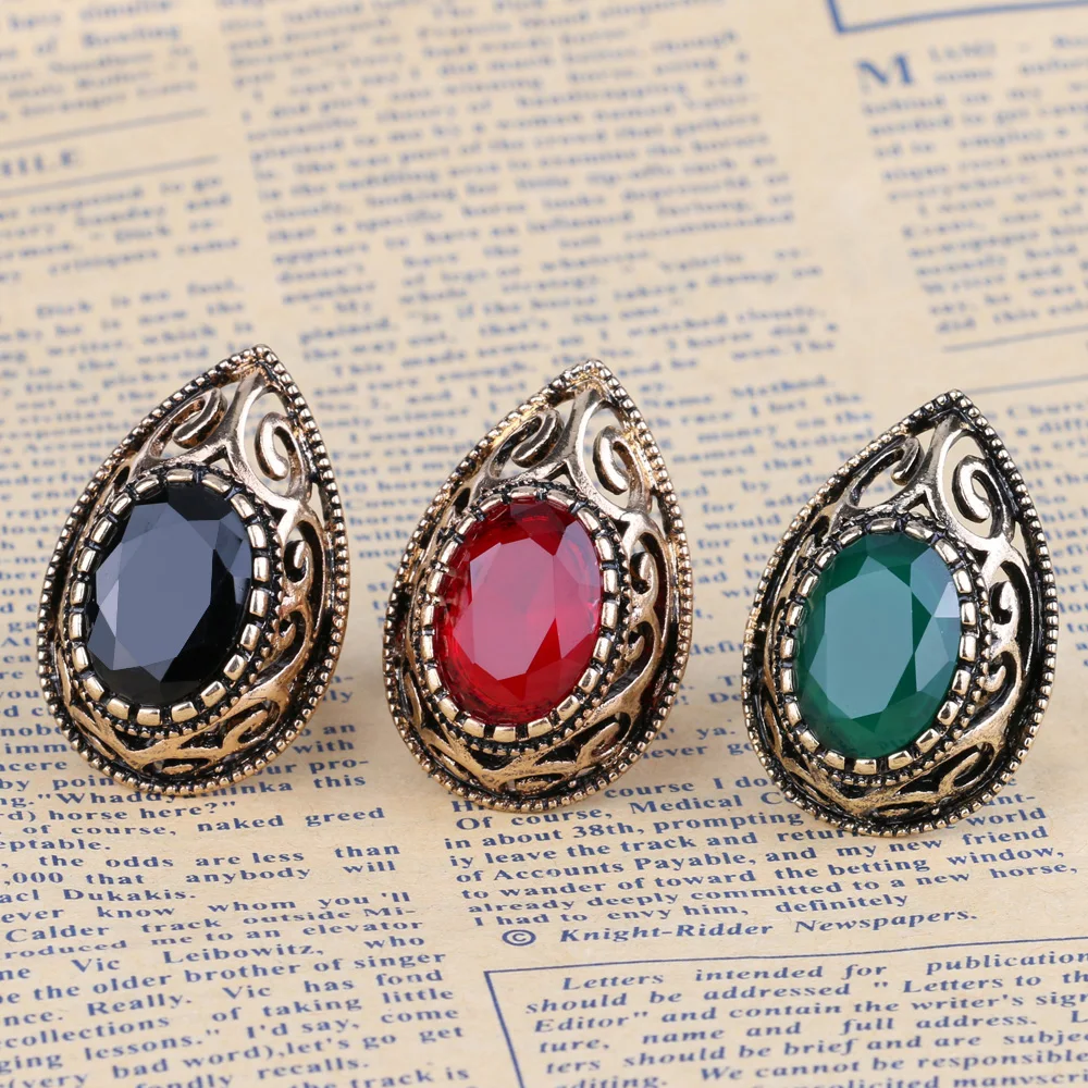 Vintage Indian AAA Cubic Zircon Antique Gold Finger Rings For Women Hollow Water Drop Ring Female Bohemian Turkish Jewelry
