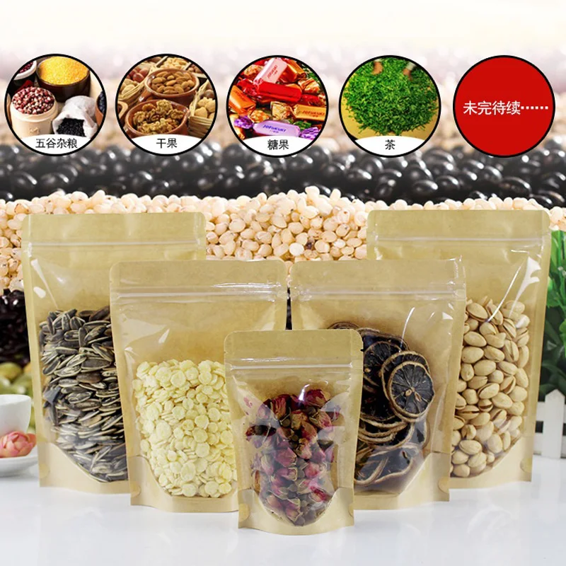 1000Pcs Kraft Paper Zipper Lock Food Packing Bags Reusable Plastic Front Transparent Stand Up Bag Gift Candy Baking Snack Bag