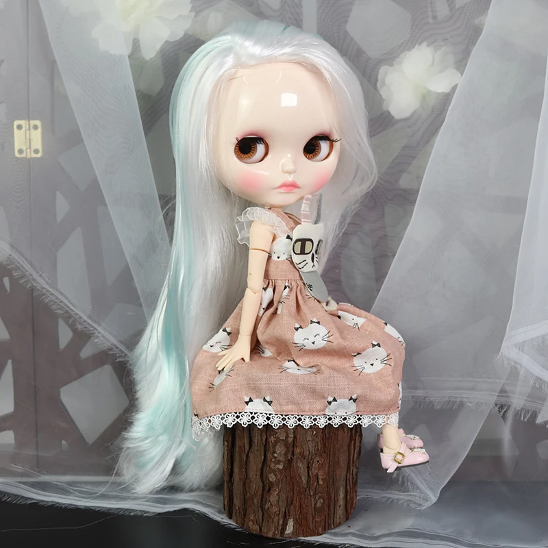 ICY DBS Blyth doll 1/6 white skin joint body white mix blue hair shiny face Carved lips toy bjd