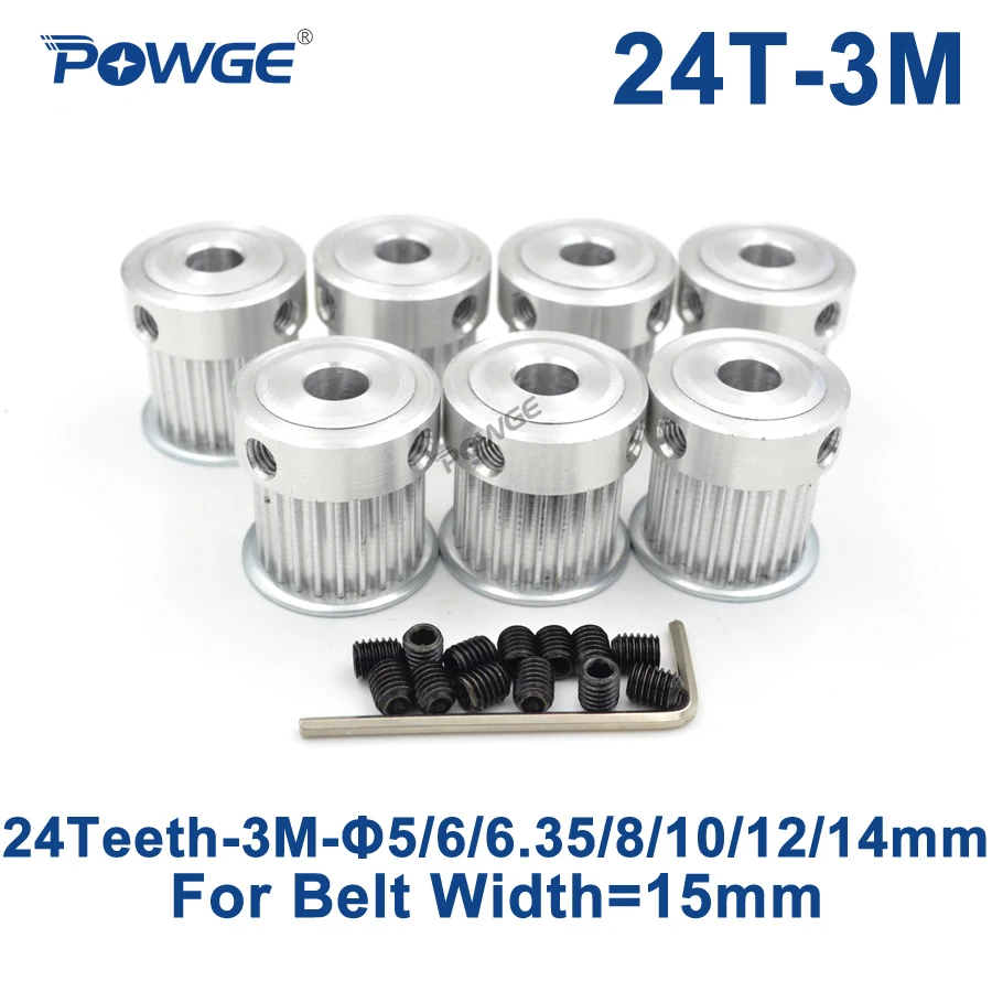 

POWGE 7pcs 24 Teeth HTD 3M Timing Pulley Bore 5/6/6.35/8/10/12/14mm for Width 15mm 3M Synchronous belt HTD3M Pulley 24T 24Teeth