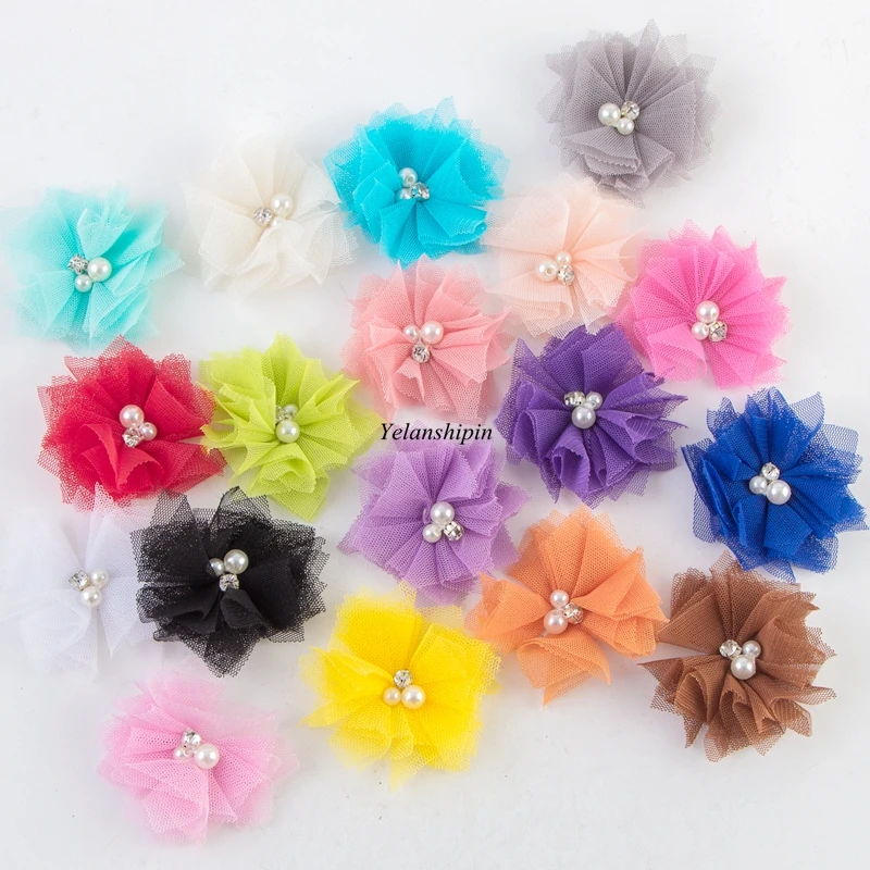 10pcs/lot 6.5cm 18colors Mesh Hair Flowers With Rhinestones+Pearls Artificial Fabric Flowers For Headband Kids Hair Accessories