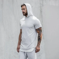 Mens Bodybuilding Hoodies Gyms Hooded Short Sleeve Fitness Clothing Muscle Shirt Cotton Slim Solid Cotton Pullover Sweatshirt