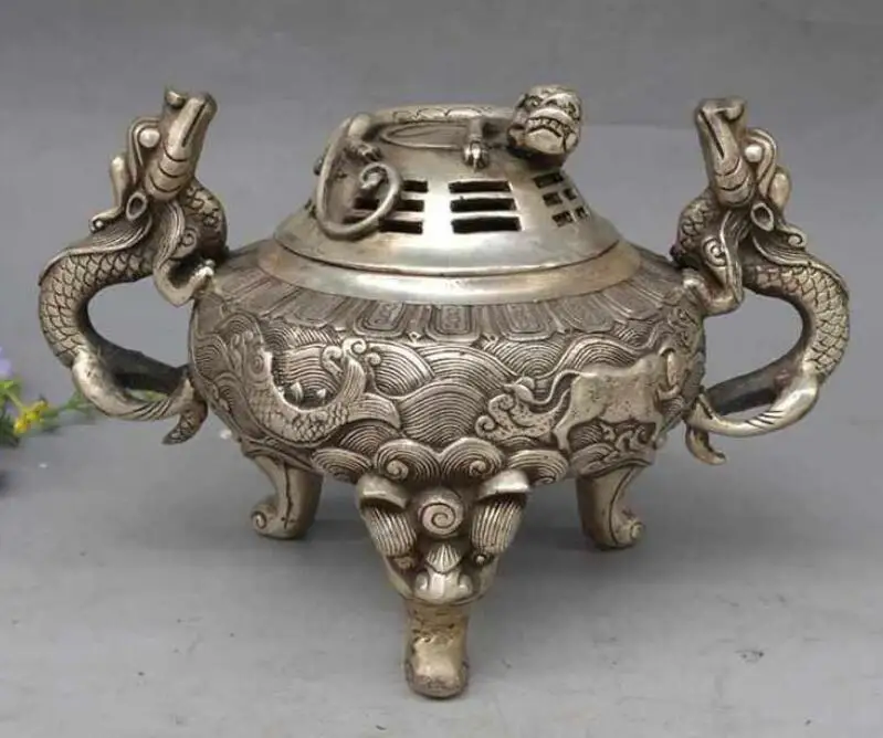 

China collection white copper Fish Dragon Beast Wealth incense burner