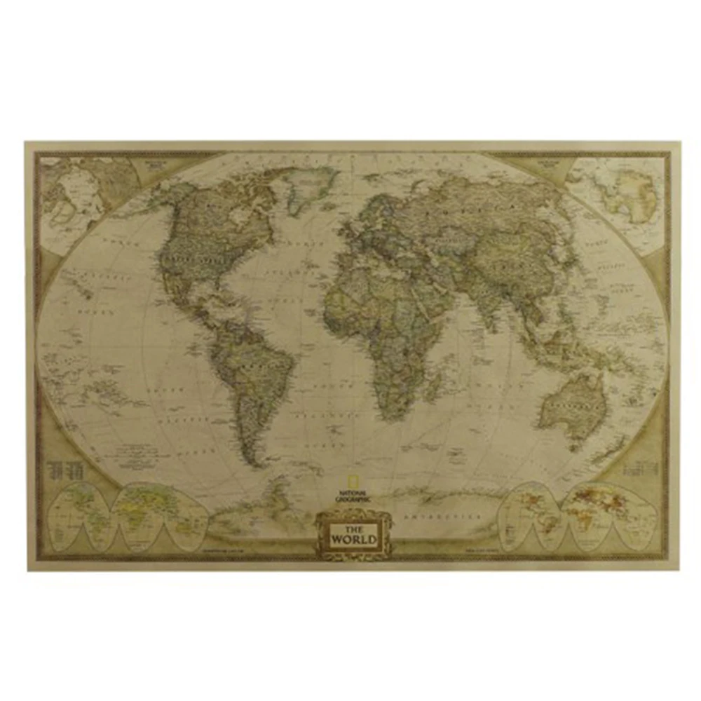 Mapa del mundo Vintage grande, suministros de oficina, póster antiguo detallado, tabla de pared, Papel Kraft mate Retro, 28x18 pulgadas