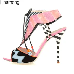 Pink Denim Cloth Lighting Patchwork Sandals Gladiator Women Stripe High Heels Tassel Lace-up Summer Dress Shoes Woman