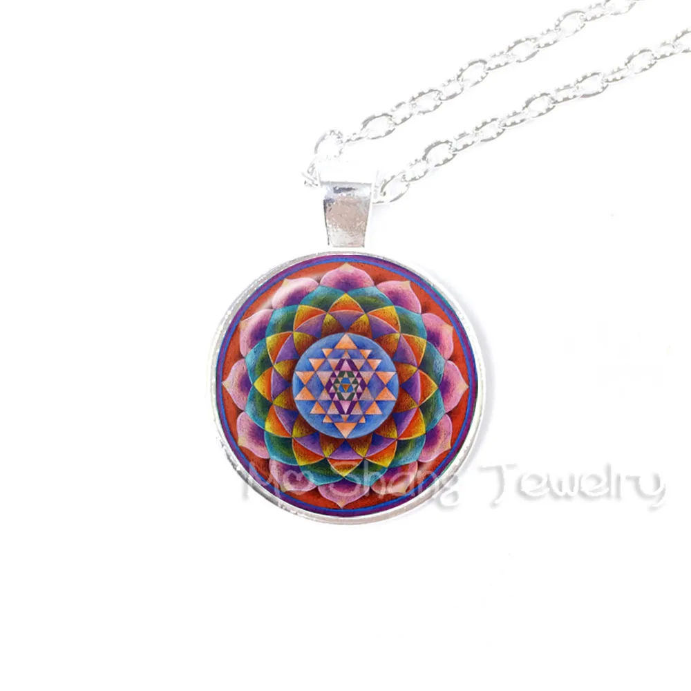 Buddhist Jewelry Sri Yantra Pendant Necklace Sacred Geometry Jewelry Mandala Glass Photo Pendant Necklace