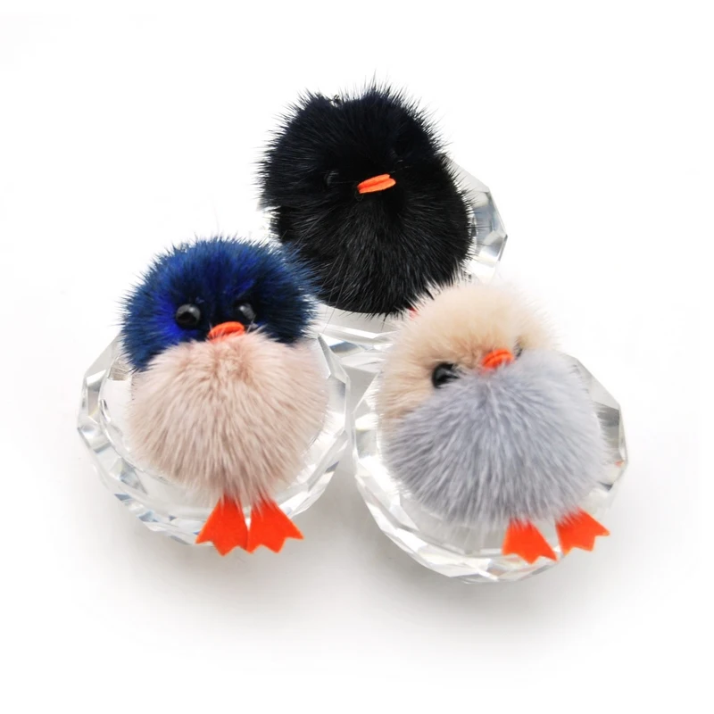 Genuine Mink Fur Chicks Keychain Women Cute Duck Doll Key Ring Chain Pompom Keyring Female Trinket Toy Bag Charms Car Key Holder