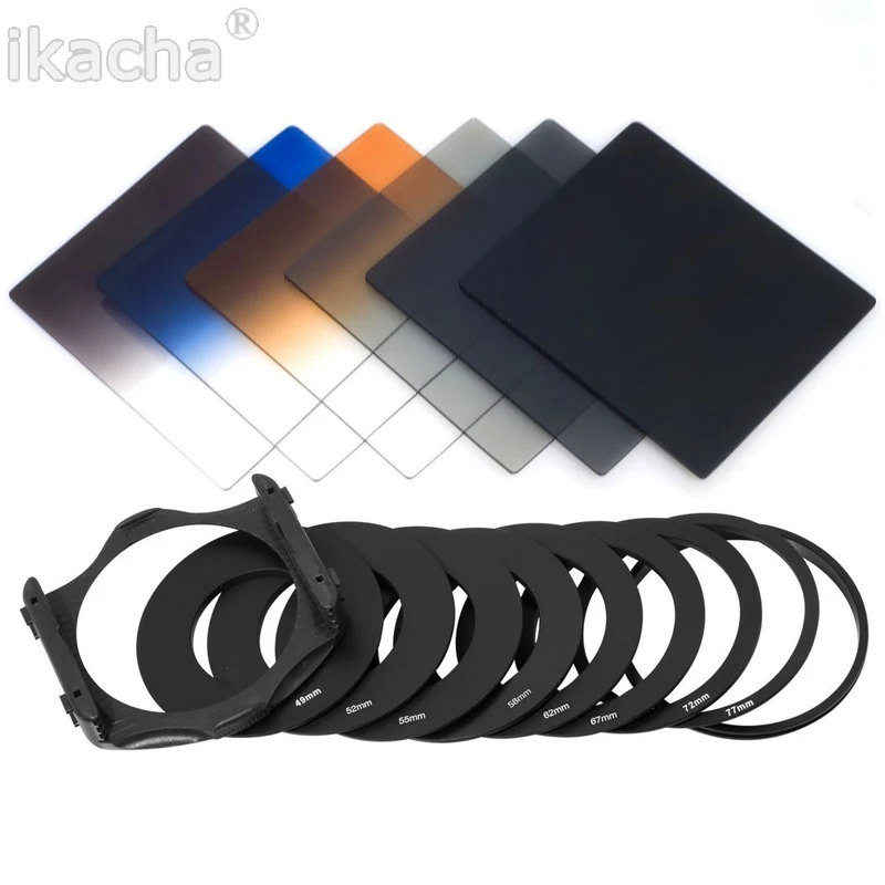 6pcs ND2 ND4 ND8 Gradual Grey Orange Blue Filter Kit + 49 52 55 58 62 67 72 77 82 mm 9pcs Ring Adapter for Cokin P Series