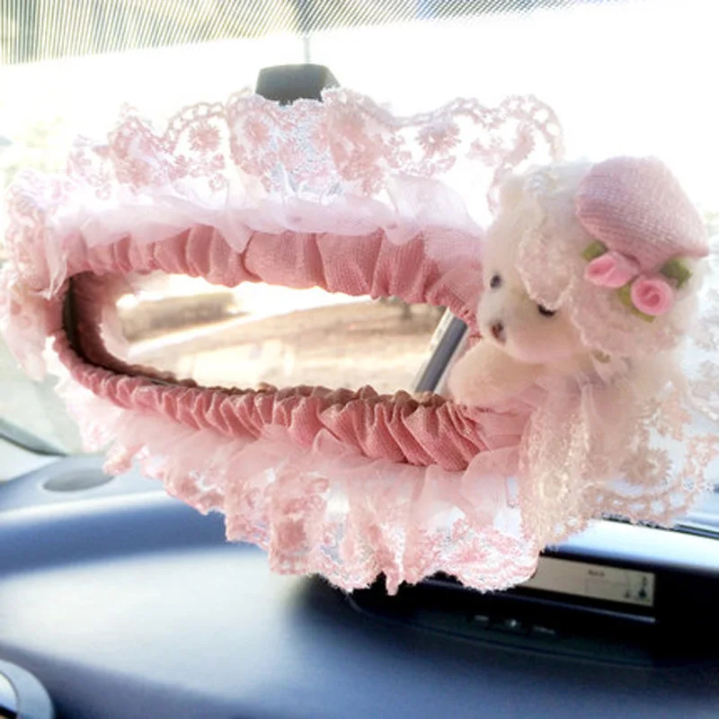 Pink Women Car Interior Decoration Accessorie Set Lace Seatbelt Shifter Hand Brake Mirror Covers Girly Auto Steering Wheel Cover