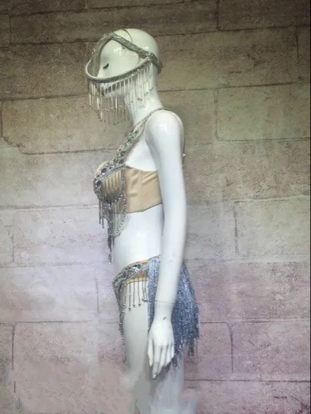 Sommer Neue Frauen Sexy Glänzende Strass Bikini Outfit Party Kostüme Bh Kurze Silber Bikinis Bühne Dance Nachtclub Set