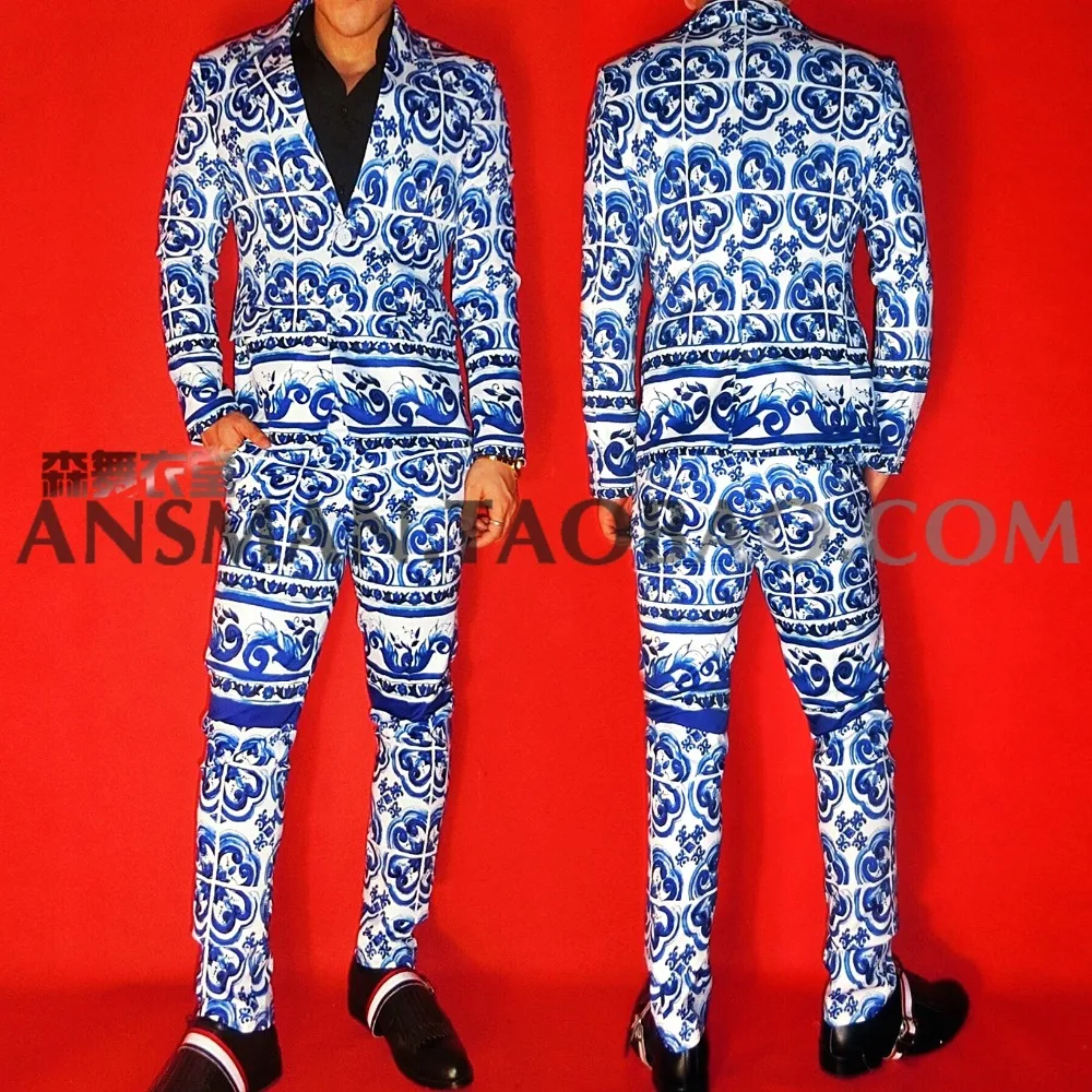 New Men Chinese Wind Blue and White Porcelain Suits NightClub male singer DJ model  high-end stretch satin suit costumes