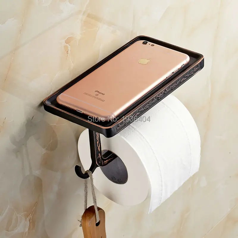 

Free Shipping New Arrival Toilet Paper Holder Black Finished Phone Rack Wall Mounted Paper Holder with Hook PH222