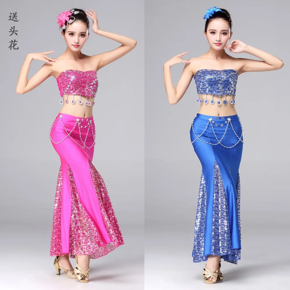 

2020new Belly Dance Peacock Tube Top+Skirt+Head flower Belly Dance Costumes Sexy Slit Ballroom Bellydance Set Dai people Dresses