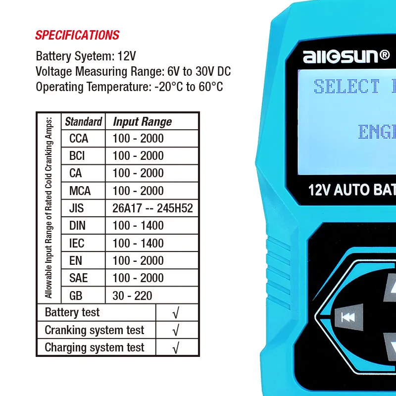all-sun EM571 12V Automotive Digital Car Battery Tester 100-2000 CCA LCD Cranking Charging Tester Diagnostic Tool Russian