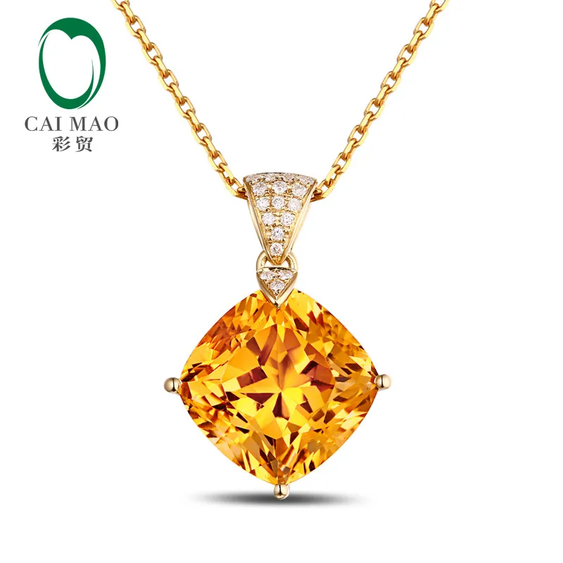 

14K Yellow Gold Cushion 7.2ct Natural Citrine & 0.09ct Round & Brilliant Cut Diamond Engagement Gemstone Pendant Jewelry