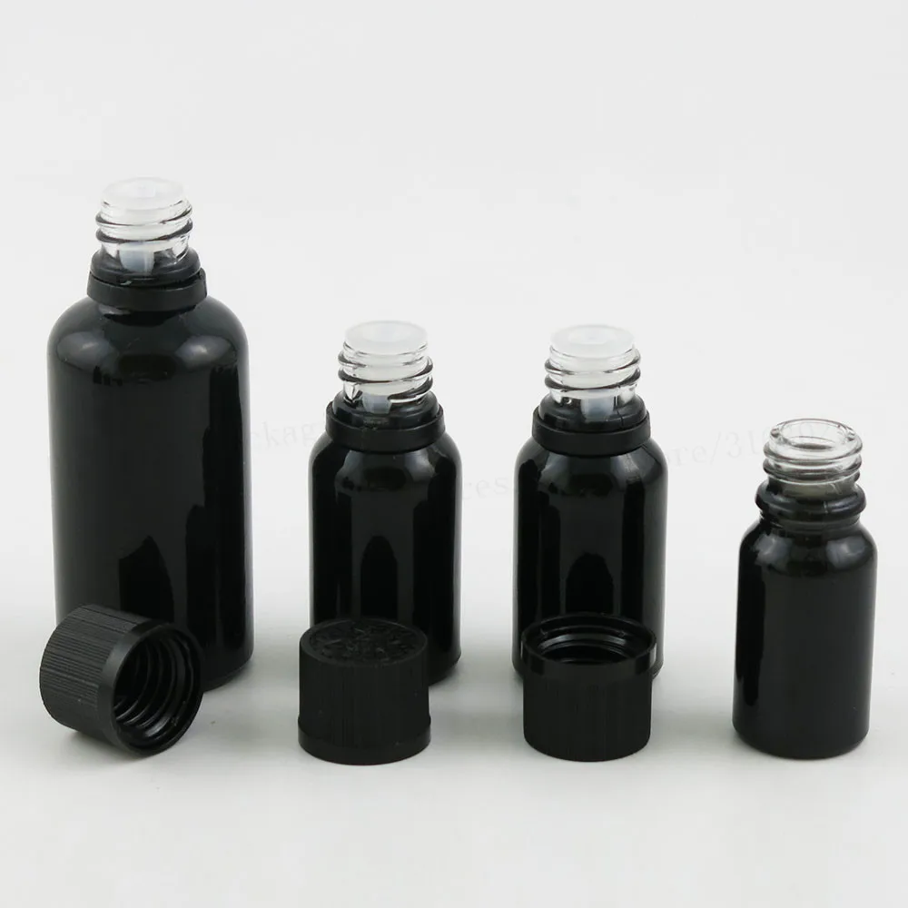 

100ml 50ml 30ml 20ml 15ml 10ml Paint Shining Black Essential Oil Bottle With Tamper Evident Cap 1oz Cosmetic Containers 200PCS