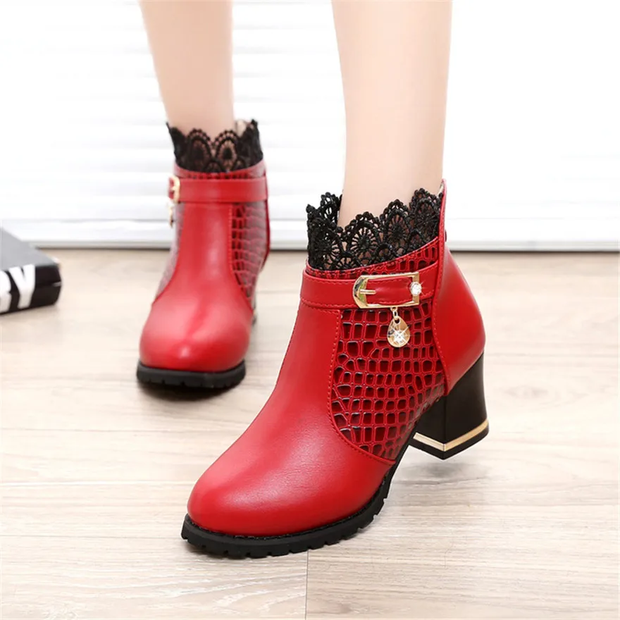 2024 Round Toe Women Fashion Crystal Belt Buckle Boots 6CM Square High Heels Shoes Sexy Leopard Lace Ankle Boots Woman Red Black