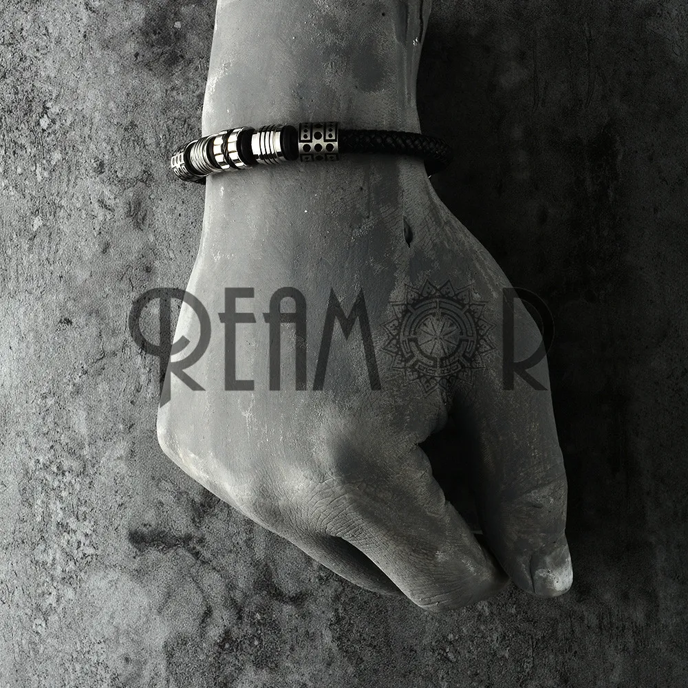 REAMOR New Male CNC Charm Bracelets Jewelry Simple Black Leather Braided Bracelet 316l Stainless Steel Magnetic Clasp Bangles