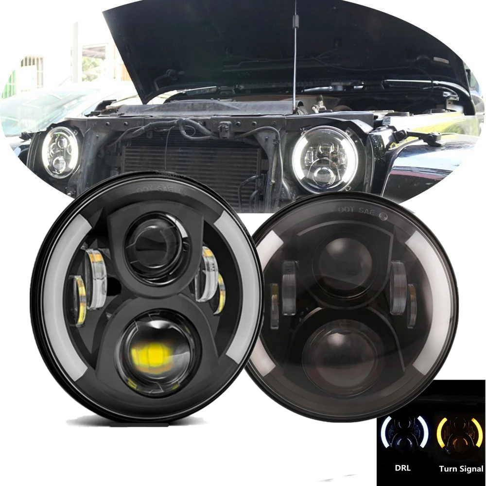 2pc Silver/ Black Car 7 Inch Led Headlight For Jeep Wrangler TJ LJ CJ JK Hummer H1 H2 Denfender With Angel Eyes DRL Signal Light