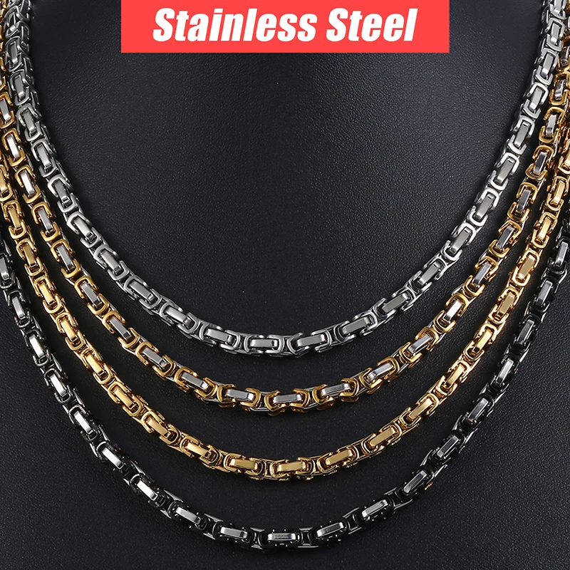 Men\'s Necklace Stainless Steel Byzantine Box Link Chain Necklaces Male Collar Fashion Jewelry Gifts 18-36\