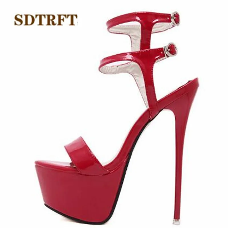 SDTRFT SUMMER sandals ultra high thin heels open toe 16cm sexy shoes woman banquet Ankle strap red black Patent Leather Pumps