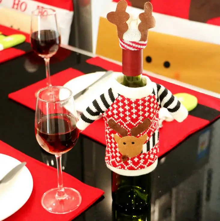 Cute Fashion Cloth Red Wine Bottle Cover Bags Deer Sweater Christmas Decoration Supplies Home Party Santa Claus Christmas