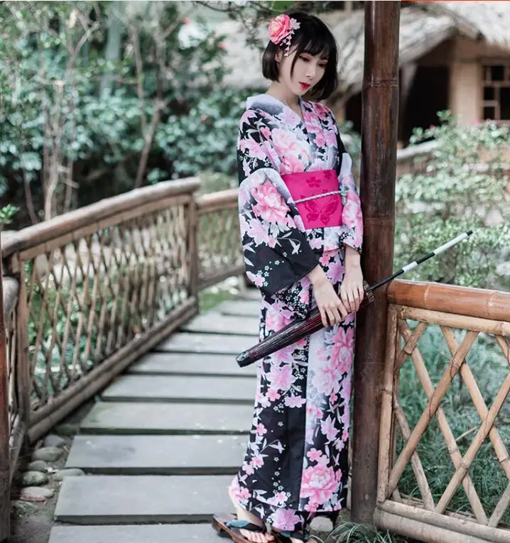 Pink Traditional Japanese Kimono Women Cherry Blossom Robe Vintage Include Belt 135cm Long Spring dress