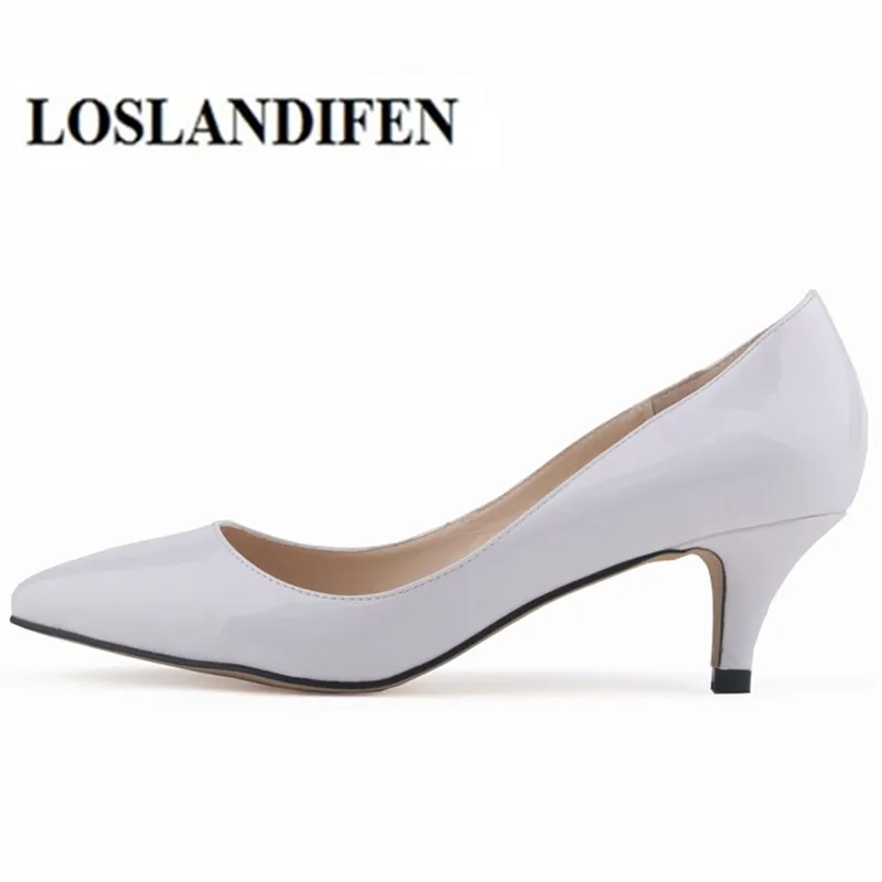 

LOSLANDIFEN Women Pumps Spring Summer Candy colors Patent Leather Pointed Toe Med Stiletto Heel Bridesmaid Wedding shoes35-42