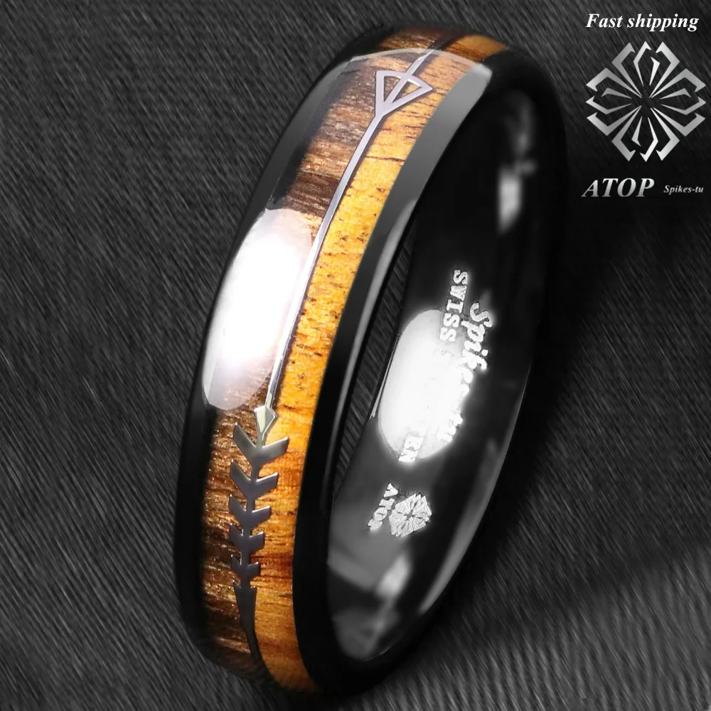 6mm Black Dome Tungsten Ring 2 Style Wood Arrow Wedding Band ATOP Men Jewelry