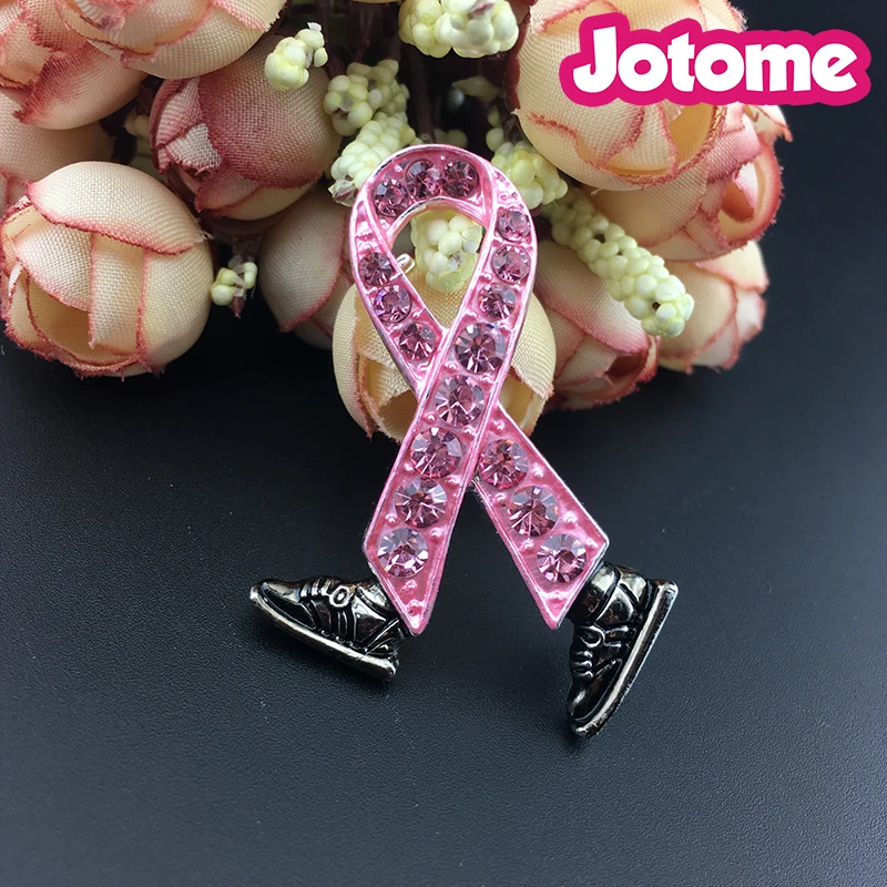 

50pcs/lot 45mm new Rhinestone breast cancer Awareness pink Ribbon Shoe Brooch With brooch pin for women