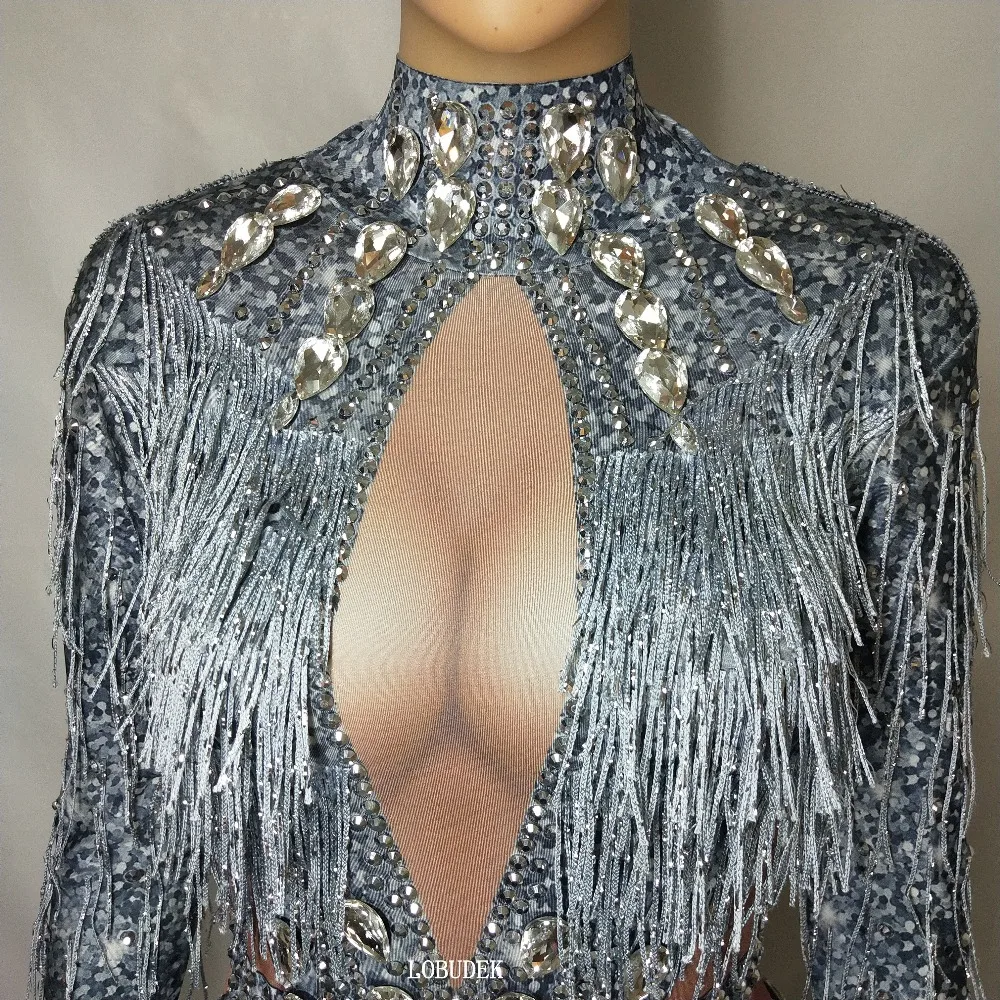 Silver Rhinestones Fringed Long Sleeve Bodysuit Female Crystals Tassels Elastic Catsuit Nightclub Female DJ Singer Stage Costume