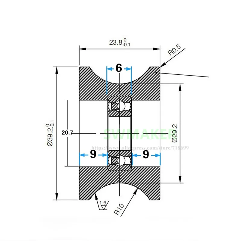 1pcs 10*39*24mm 6900RS bearing pulley, U-grooved roller plastic-coated bearing, 20mm diameter track R10 guide wheel