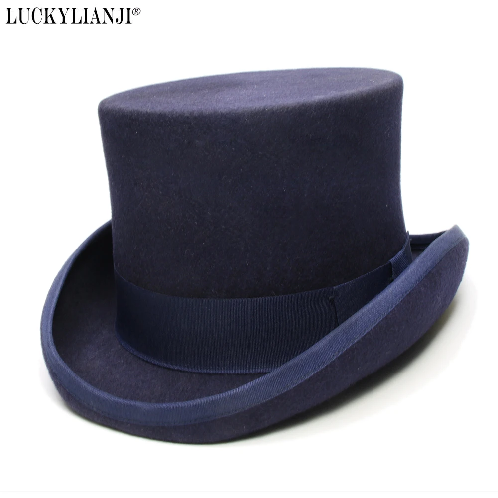 LUCKYLIANJI 4 Sizes Women\'s Men\'s High Top Round Flat Top Wool Felt Vintage Magician President Lincoln Gentleman Bowler Hat