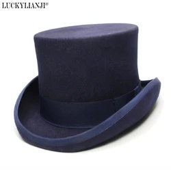 LUCKYLIANJI 4 Sizes Women's Men's High Top Round Flat Top Wool Felt Vintage Magician President Lincoln Gentleman Bowler Hat