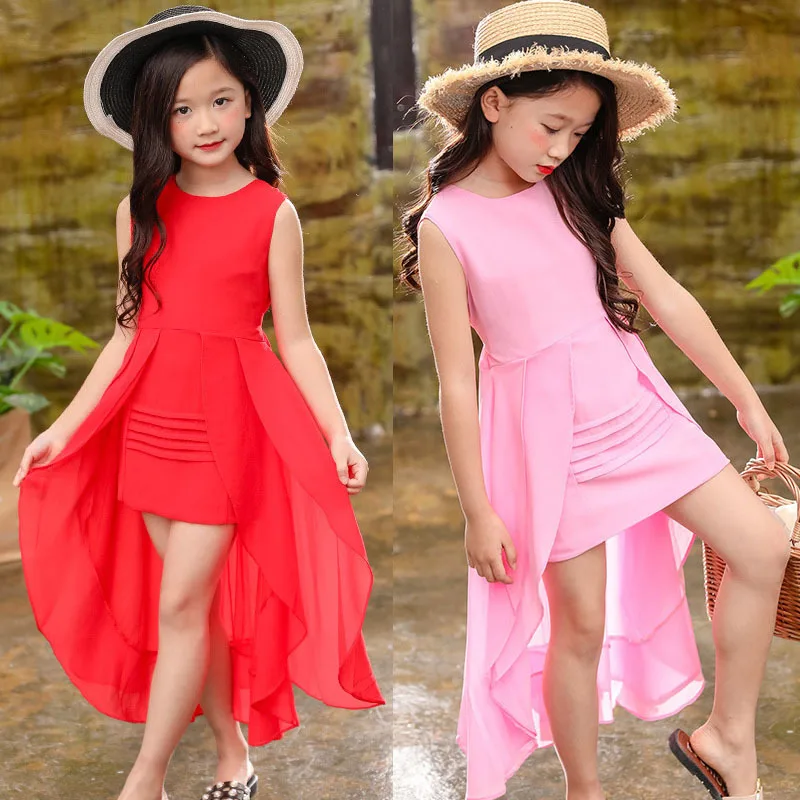 Girls Chiffon Dress 2023 Summer Sleeve Irregular Elegant Princess Party Dress 5 6 7 8 9 10 11 12-year-old children\'s clothing