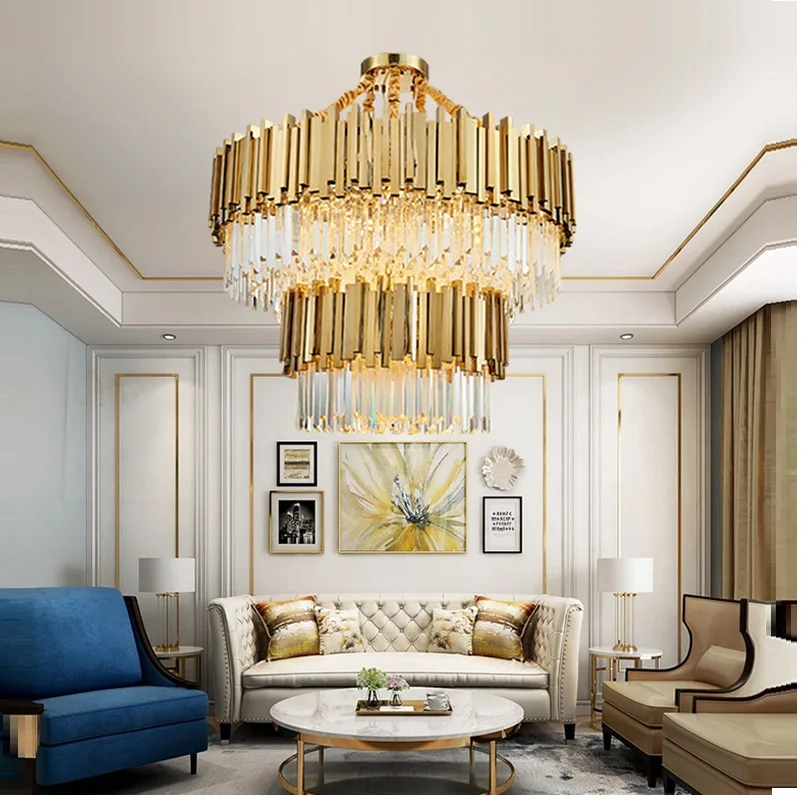 Luxury Crystal Chandeliers Lamps LED Rectangle for Dinning Living Room Gold Atmosphere Lights Fixture