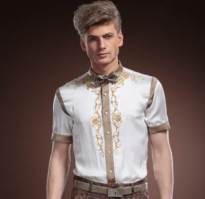 

Fanzhuan Free Shipping New male Mens Men's unique Palace summer short-sleeved silk shirt business silk embroidered shirt 14313