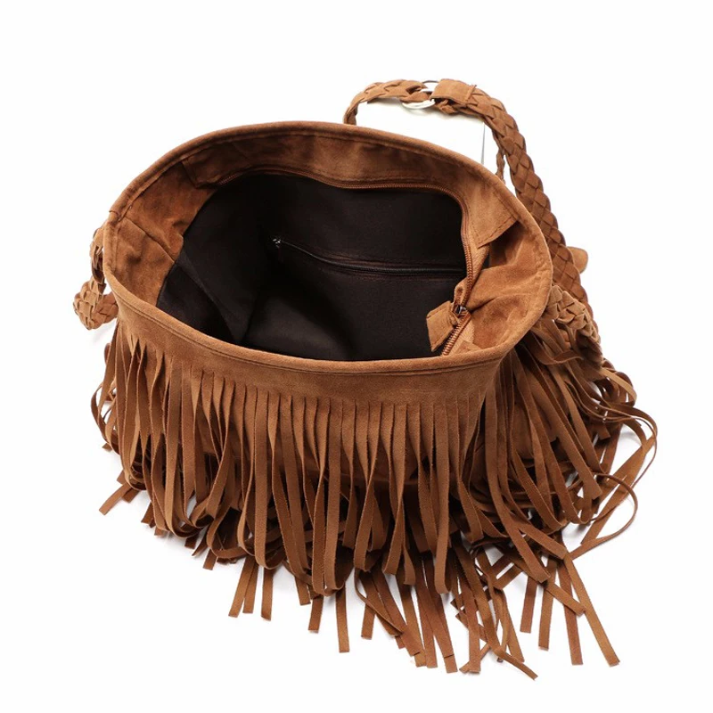 Vintage Frosted PU Leather Fringe Tassel Bags Women Handbag Messenger Crossbody Shoulder Bag Woman Lady Bohemian Hippie Hobo Bag