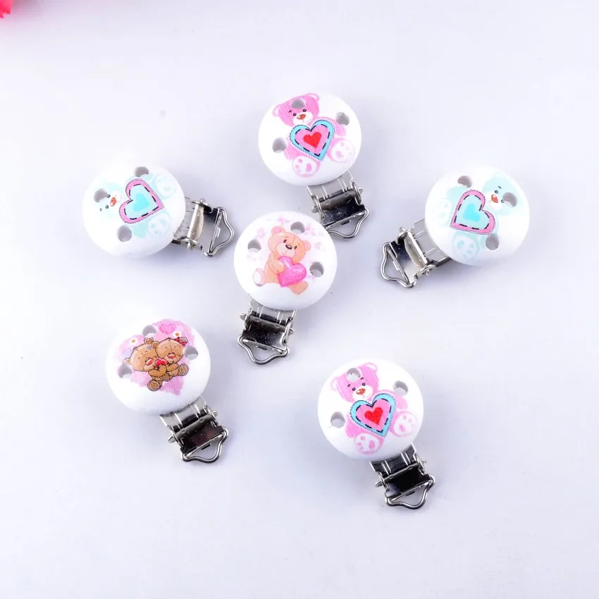 10PCs Baby Pacifier Clips Mixed Pattern Animal White Wood Metal Holders Cute Infant Soother Clasps Funny Accessories 4.4x2.9cm