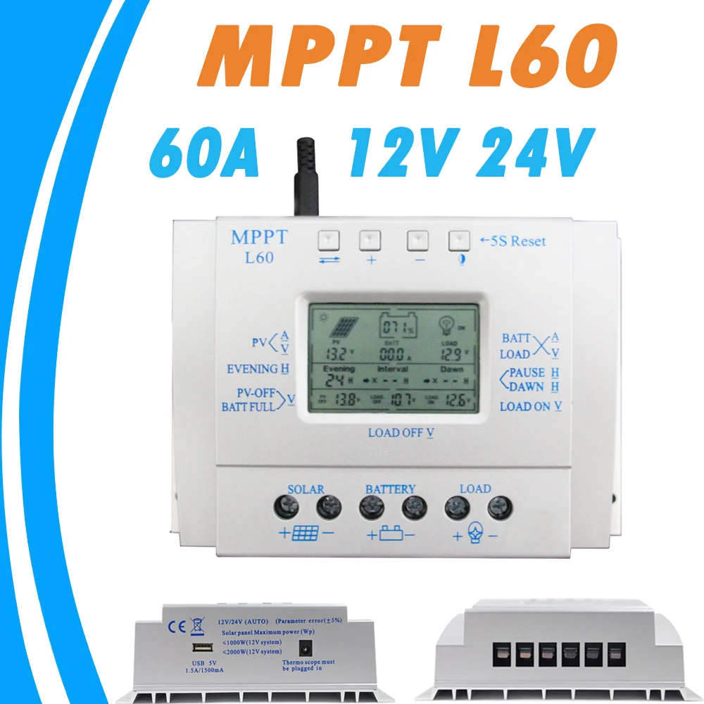 MPPT 60A Solar Charge Controller LCD 12V 24V Auto With USB 5V 1500mA Solar Regulator High Efficiency Solar Tracking System