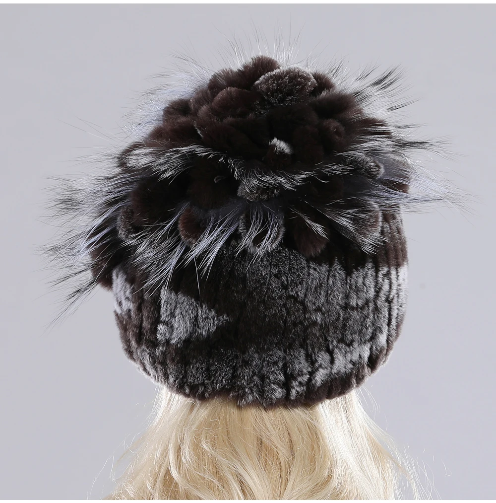 Neue Russische Damen Echt Rex-Kaninchenfell Mützen Luxuriöse Gestrickte Blumen Echte Rex-Kaninchenfell Kappe Winter Echt-Fell Beanie Mütze – Detail 36