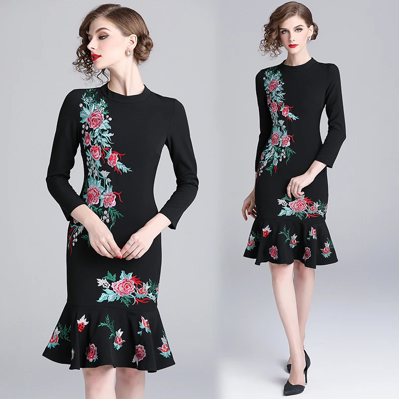 2019 New Arrival Vintage Trumpet / Mermaid Floral Full Embroidery Knee-length Regular dress