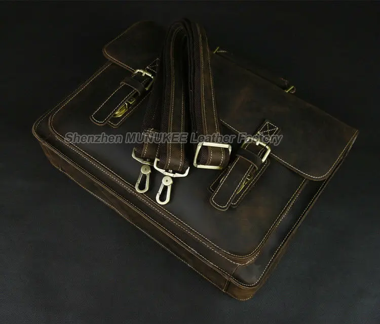 Vintage Crazy Horse Genuine Leather Briefcase Men Briefcase Leather Business Briefcase male Tote 15.6\