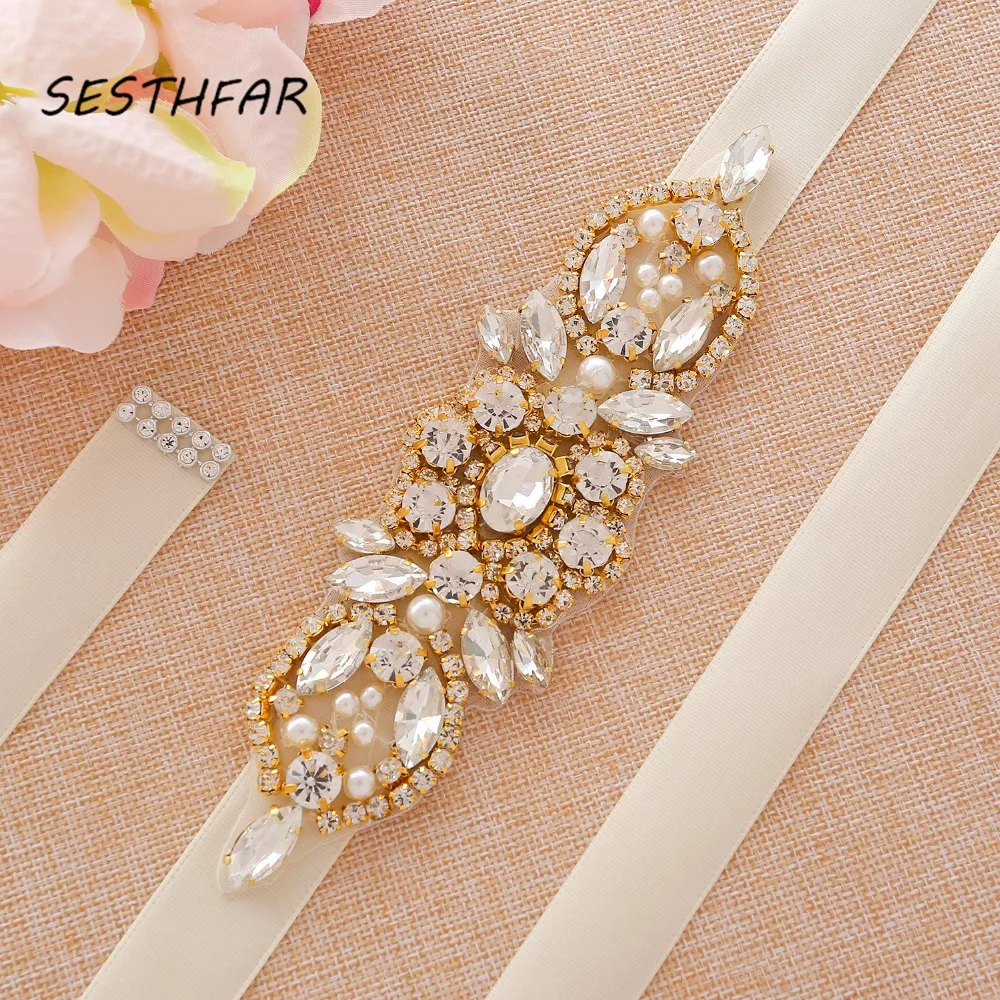 

SESTHFAR Thin Rhinestones Flower Bridal Belt Ribbon Diamond Wedding Belt Crystal Bridal Sash For Wedding Prom Gown