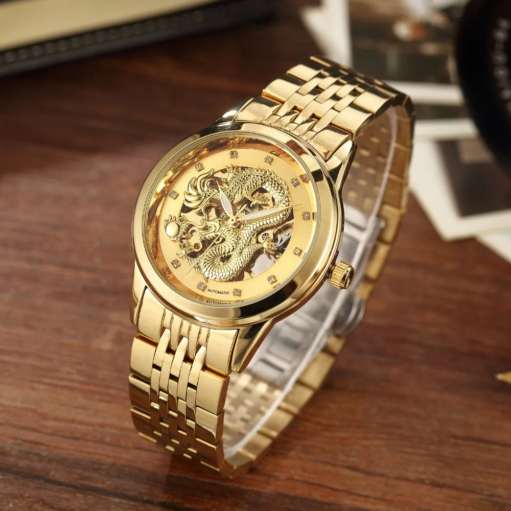 Luxury Gold Dragon Automatic Mechanical Watches Top Brand Skeleton Watch Self Wind  Wristwatch Clock relogios masculino Gift Box