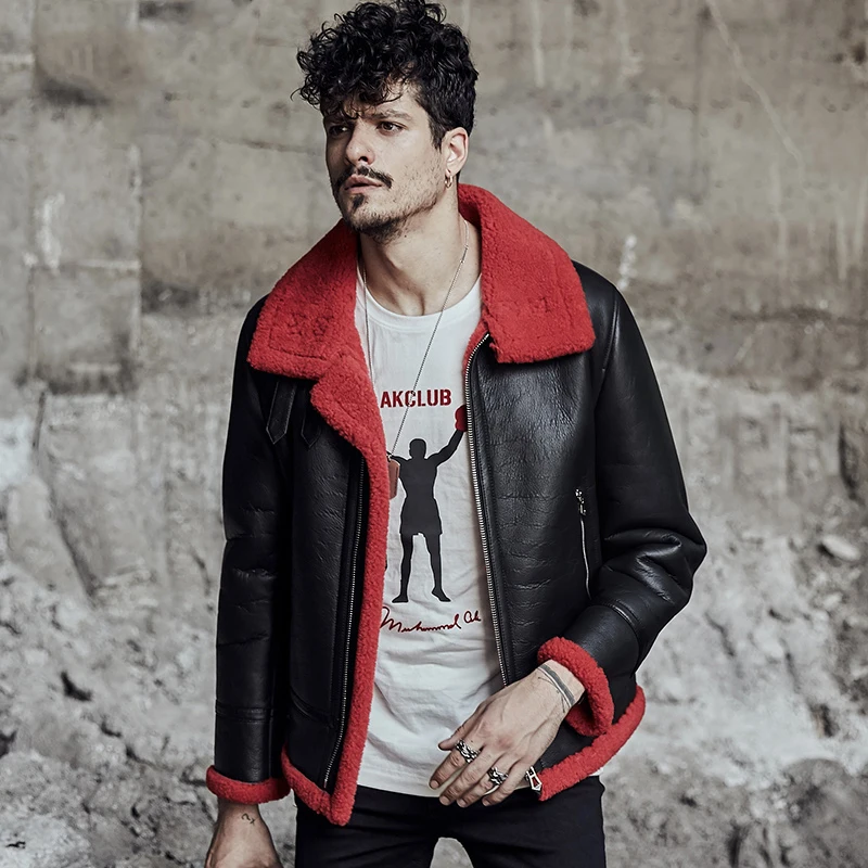 Men's Shearling Jacket Men's Fur Coat  Pilots Coat Black Flying Jacket B3 Sheepskin Jacket Red Collar Lining