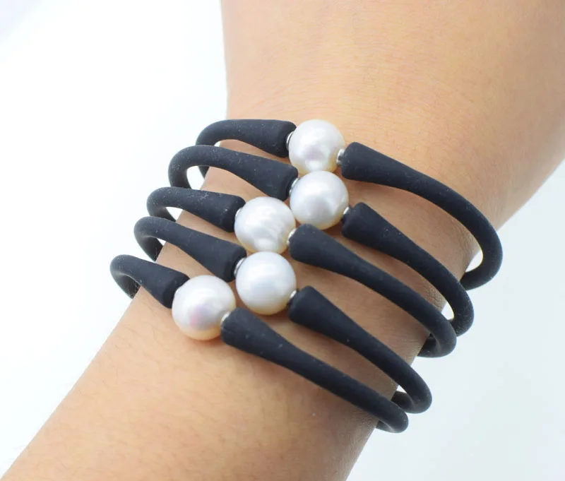 

5piece freshwater pearl black silicone bracelet white near round 10-11mm nature 7.5inch FPPj wholesale beads